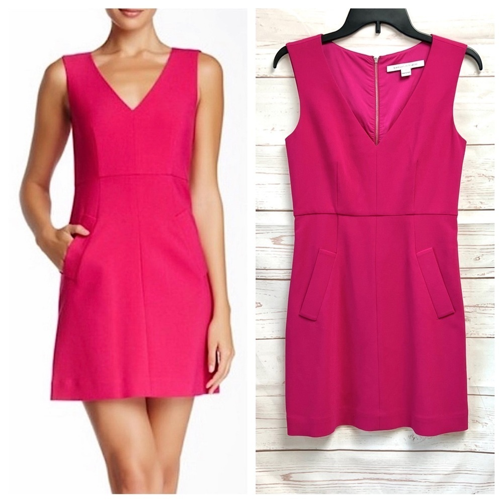 Diane Von Furstenburg DVF Halle Neon Fuchsia V-neck Pocket Sheath Dress